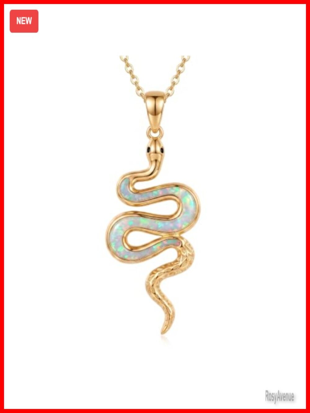 14K Gold Plated Snake Pendant Necklace White Opal 18 Inch Cable Chain